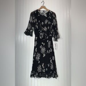 Robbie Bee Silk Floral Midi Dress Black Ruffle Y2K Coquette 16 NWT Fairy Grunge